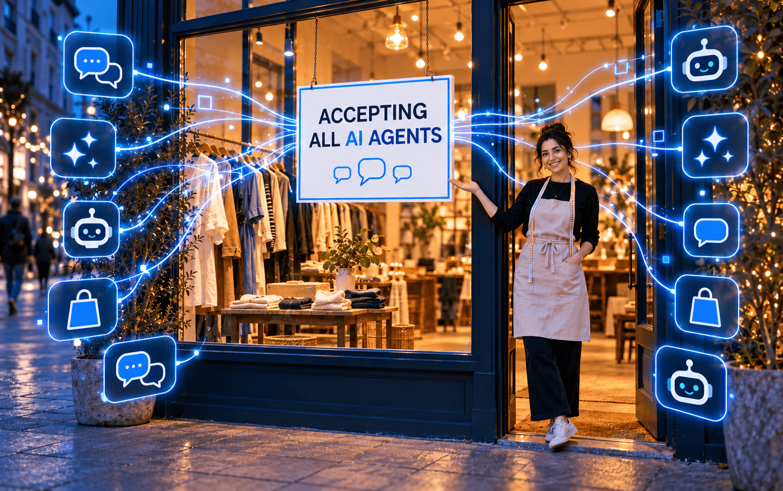 Illustration of a clothing shop at night with a sign in the window reading "Accepting all agents", and the shop owner pointing to it from the doorway.
