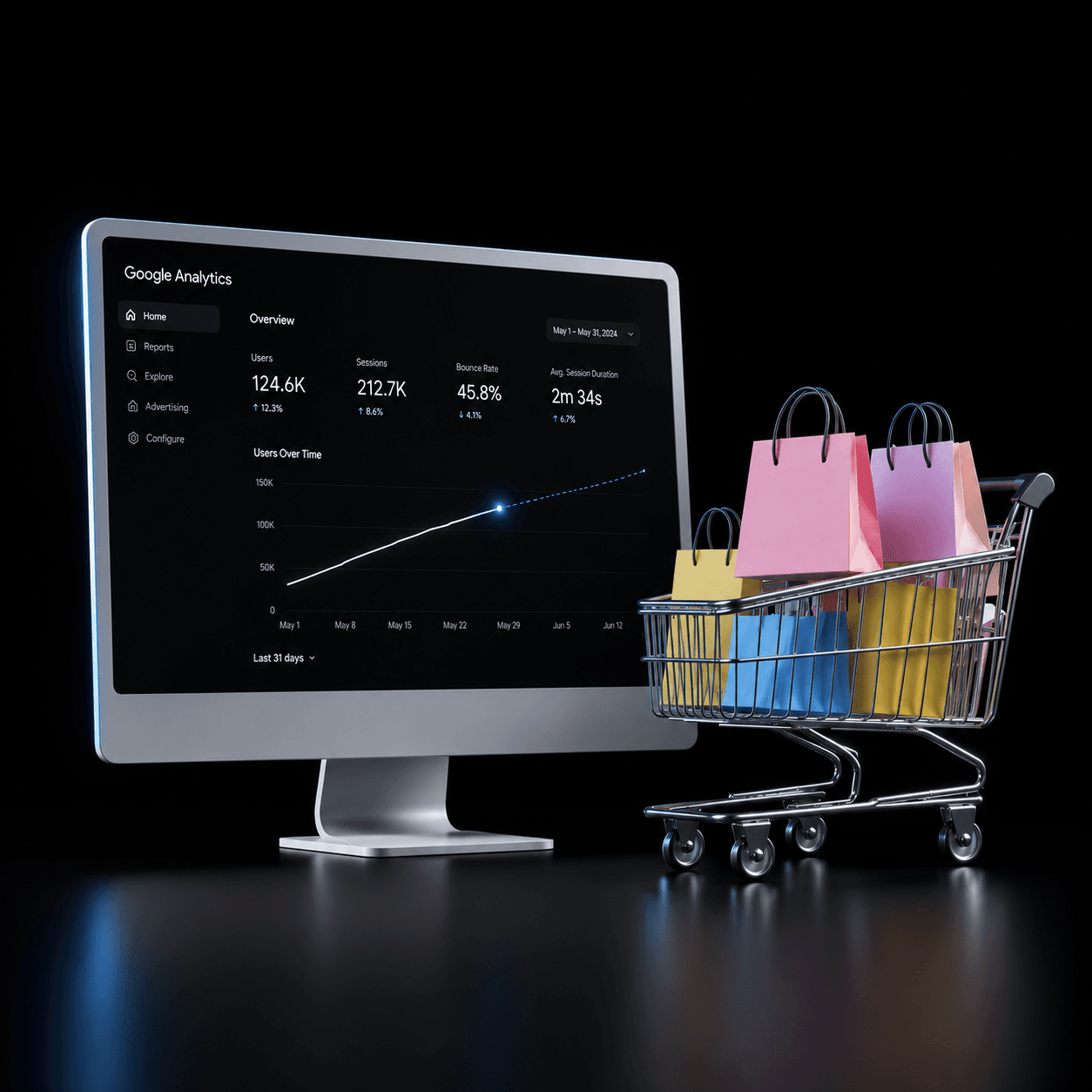 A monitor showing a Google Analytics dashboard, its traffic line turning from solid to dashed, beside a shopping cart full of colourful shopping bags.