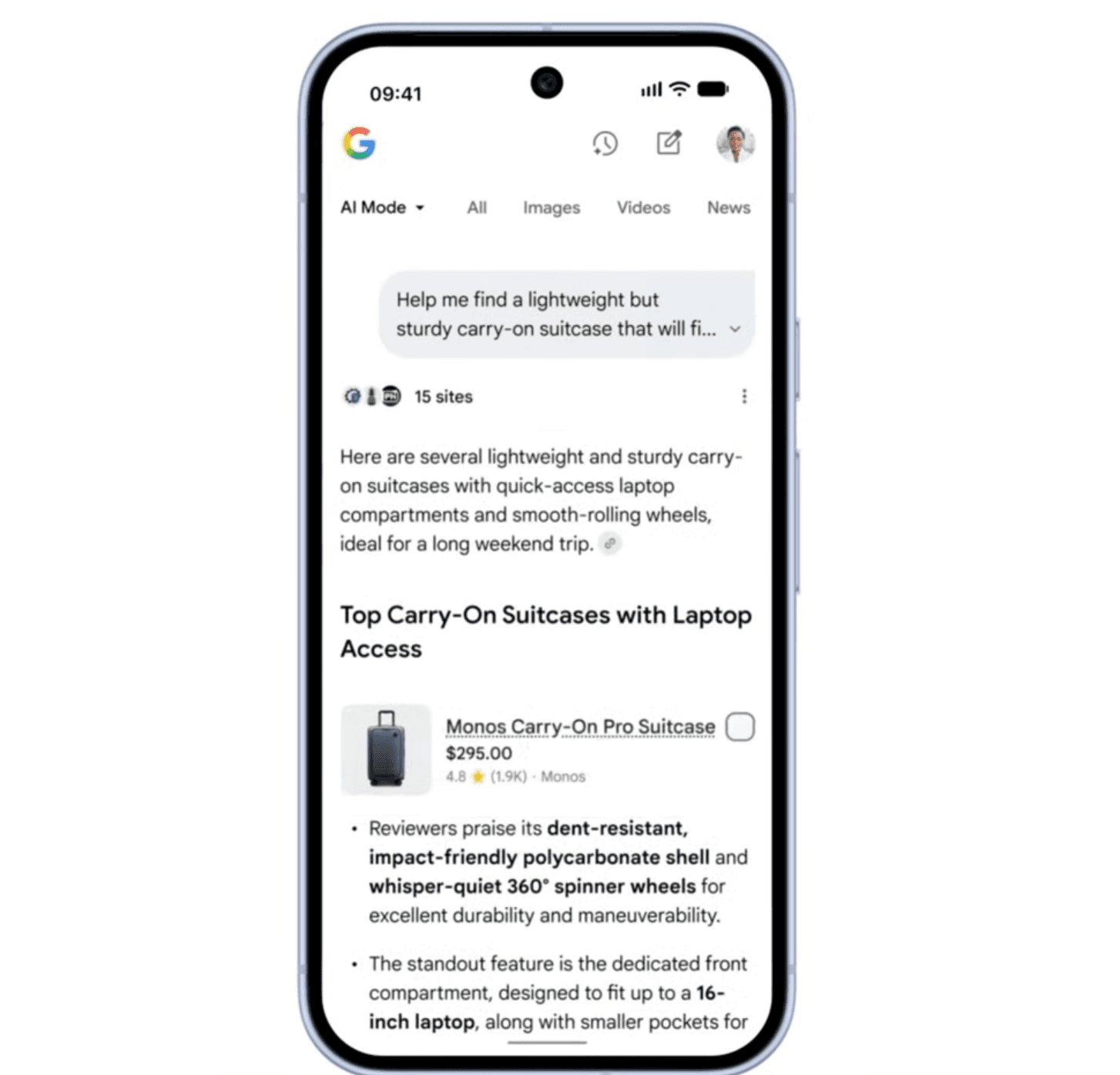 Google AI Mode showing an AI shopping agent helping a user find a carry-on suitcase.